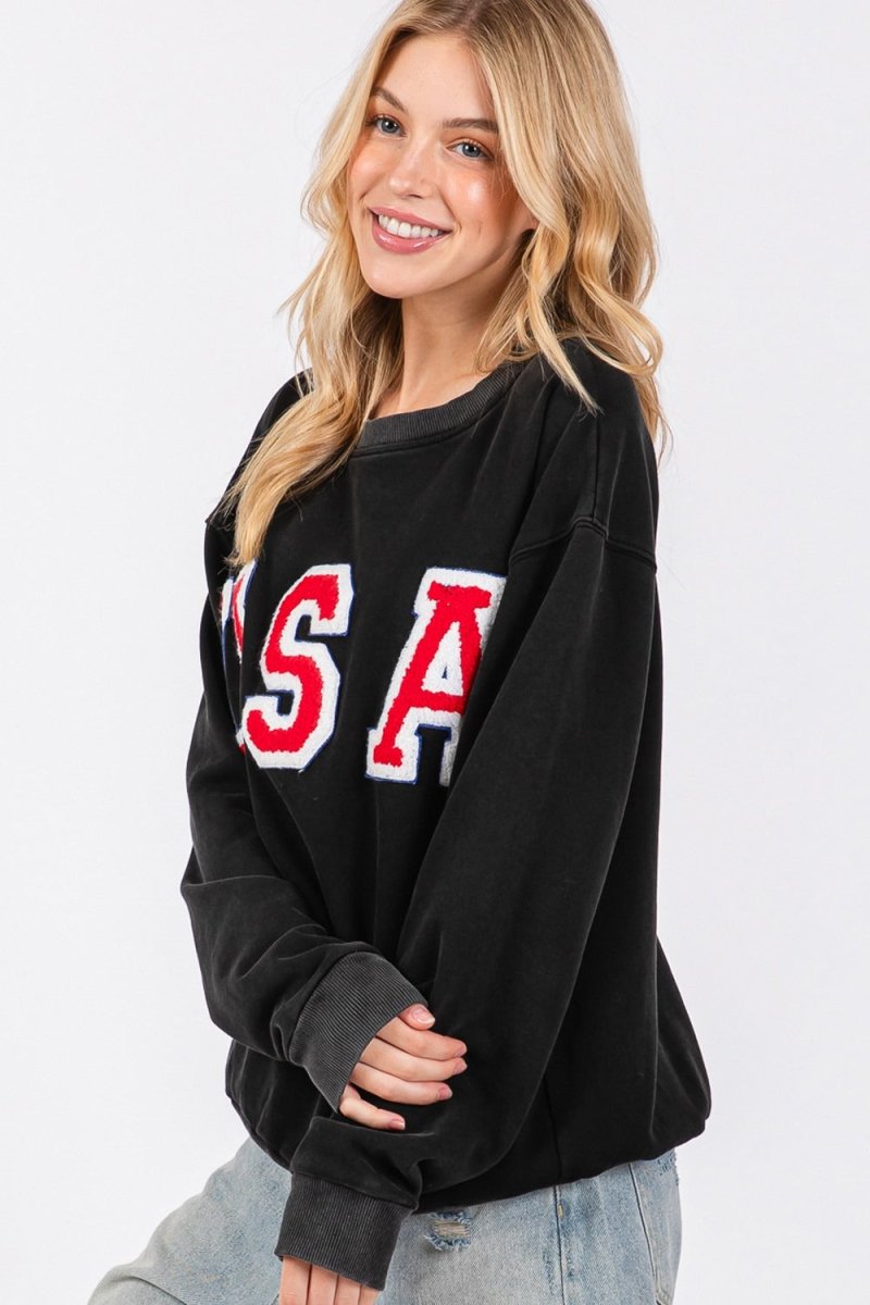 SAGE + FIG USA Letter Patch Round Neck Sweatshirt - S. M. & Co.