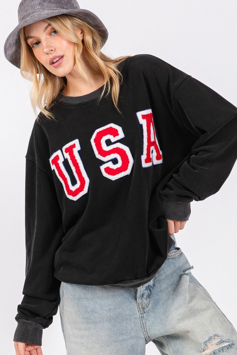 SAGE + FIG USA Letter Patch Round Neck Sweatshirt - S. M. & Co.