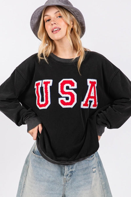 SAGE + FIG USA Letter Patch Round Neck Sweatshirt - S. M. & Co.