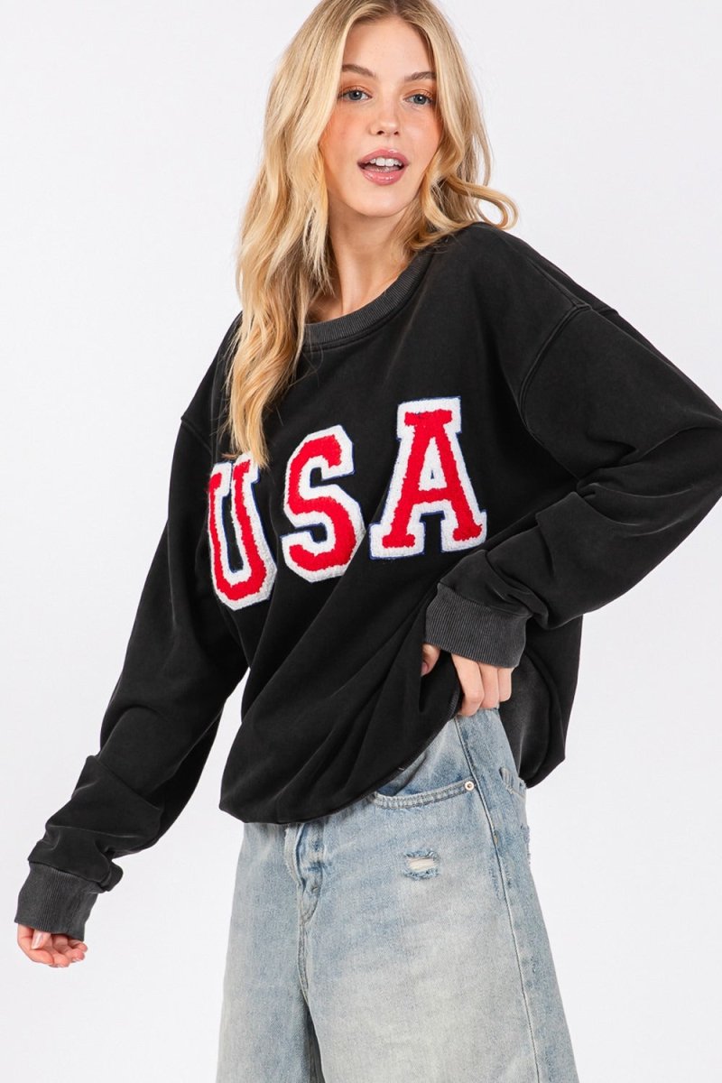 SAGE + FIG USA Letter Patch Round Neck Sweatshirt - S. M. & Co.