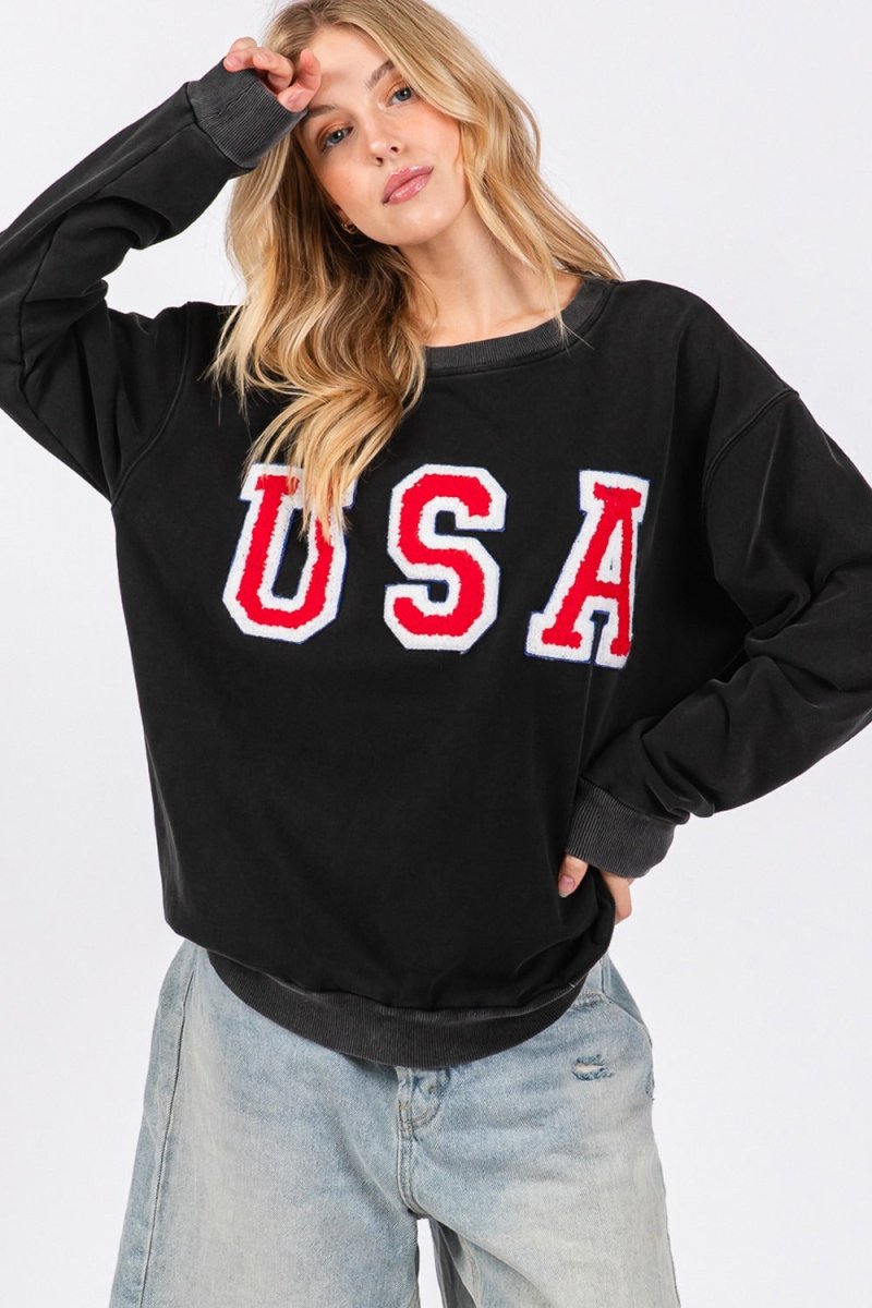 SAGE + FIG USA Letter Patch Round Neck Sweatshirt - S. M. & Co.