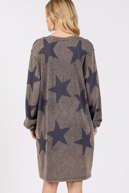 SAGE + FIG Washed Star Print Round Neck Dress - S. M. & Co.