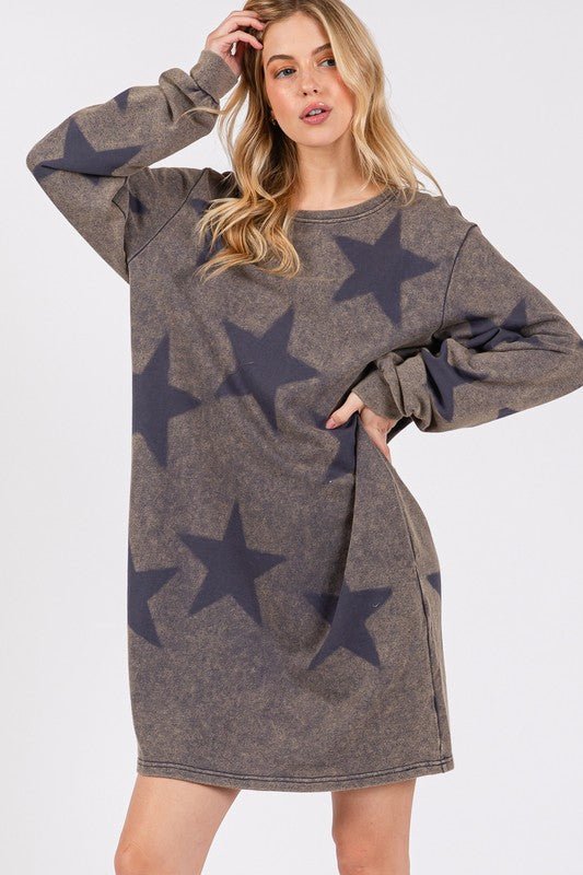 SAGE + FIG Washed Star Print Round Neck Dress - S. M. & Co.