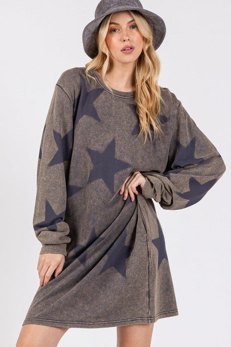 SAGE + FIG Washed Star Print Round Neck Dress - S. M. & Co.