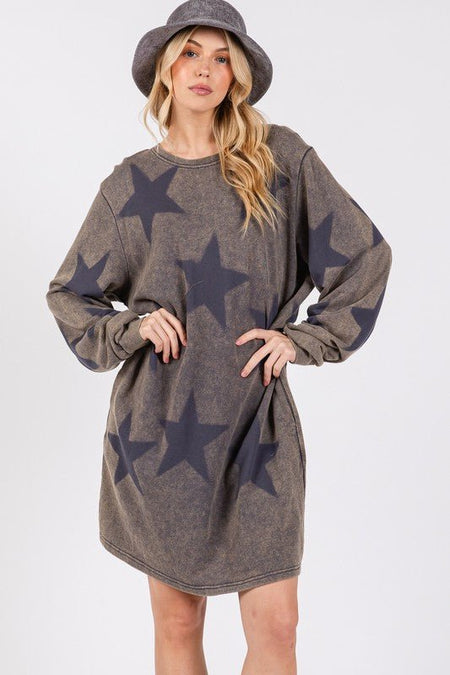 SAGE + FIG Washed Star Print Round Neck Dress - S. M. & Co.