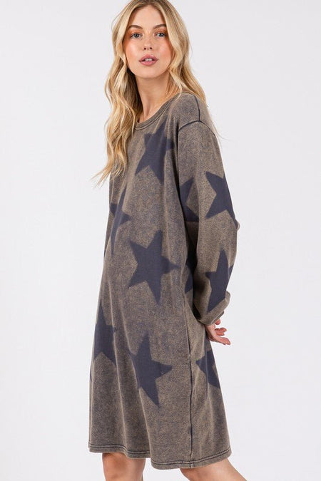 SAGE + FIG Washed Star Print Round Neck Dress - S. M. & Co.