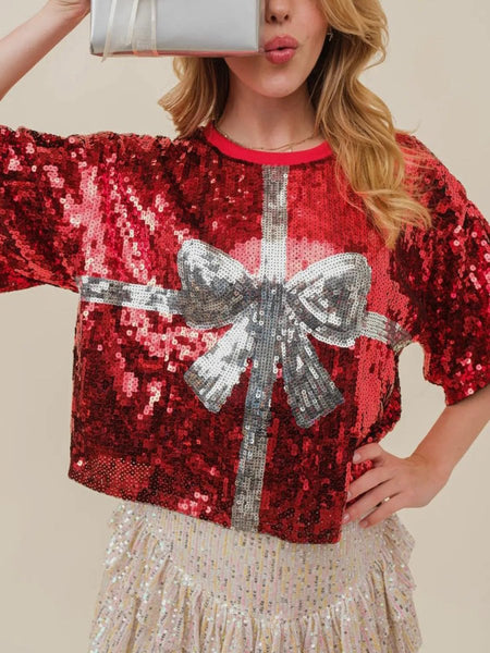 Sequin Bow Graphic Round Neck Half Sleeve T-Shirt - S. M. & Co.