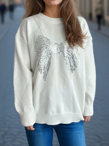 Sequin Bow Round Neck Long Sleeve Sweater - S. M. & Co.