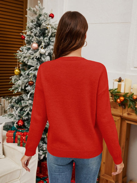 Sequin Candy Cane Round Neck Long Sleeve Sweater - S. M. & Co.