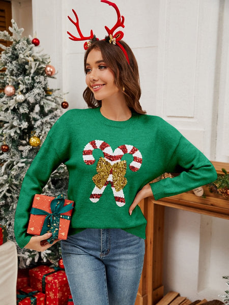 Sequin Candy Cane Round Neck Long Sleeve Sweater - S. M. & Co.