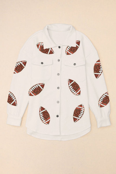 Sequin Football Patch Collared Neck Snap Button Jacket - S. M. & Co. Snap Button Jacket