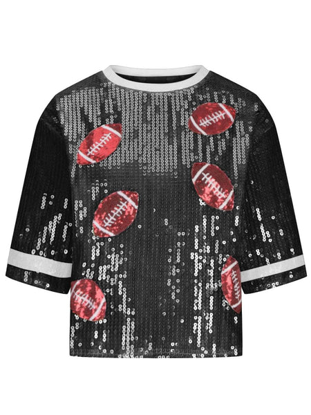 Sequin Football Round Neck Half Sleeve Top - S. M. & Co.