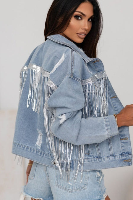 Sequin Fringe Trim Distressed Button Up Denim Jacket - S. M. & Co.