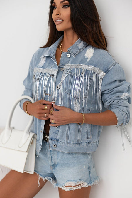 Sequin Fringe Trim Distressed Button Up Denim Jacket - S. M. & Co.