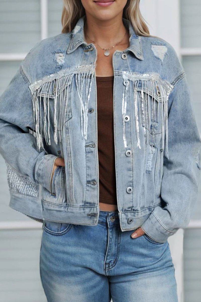 Sequin Fringe Trim Distressed Button Up Denim Jacket - S. M. & Co.