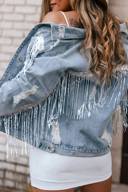 Sequin Fringe Trim Distressed Button Up Denim Jacket - S. M. & Co.