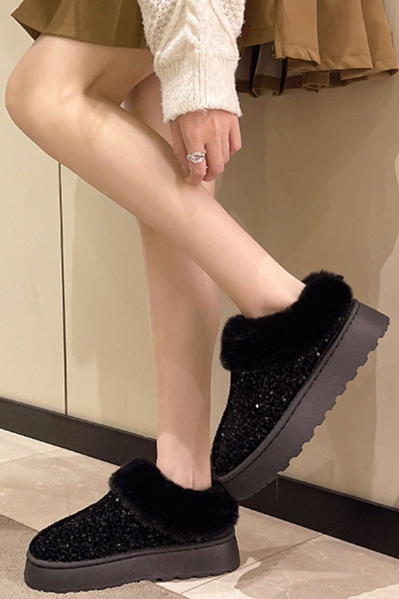 Sequin Fur Trim Platform Boots - S. M. & Co.