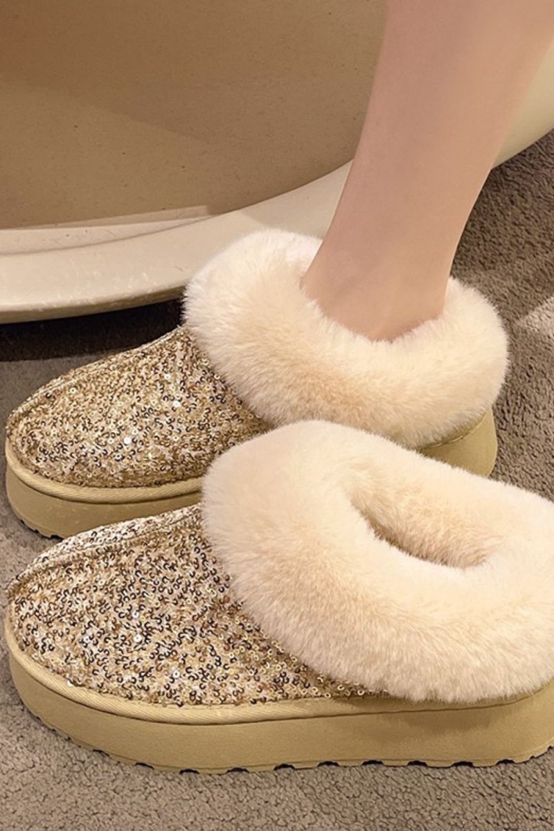 Sequin Fur Trim Platform Boots - S. M. & Co.