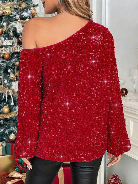 Sequin One Shoulder Long Sleeve Blouse - S. M. & Co.