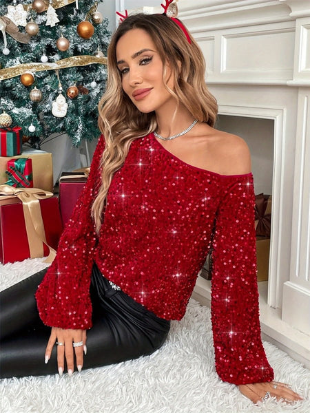 Sequin One Shoulder Long Sleeve Blouse - S. M. & Co.