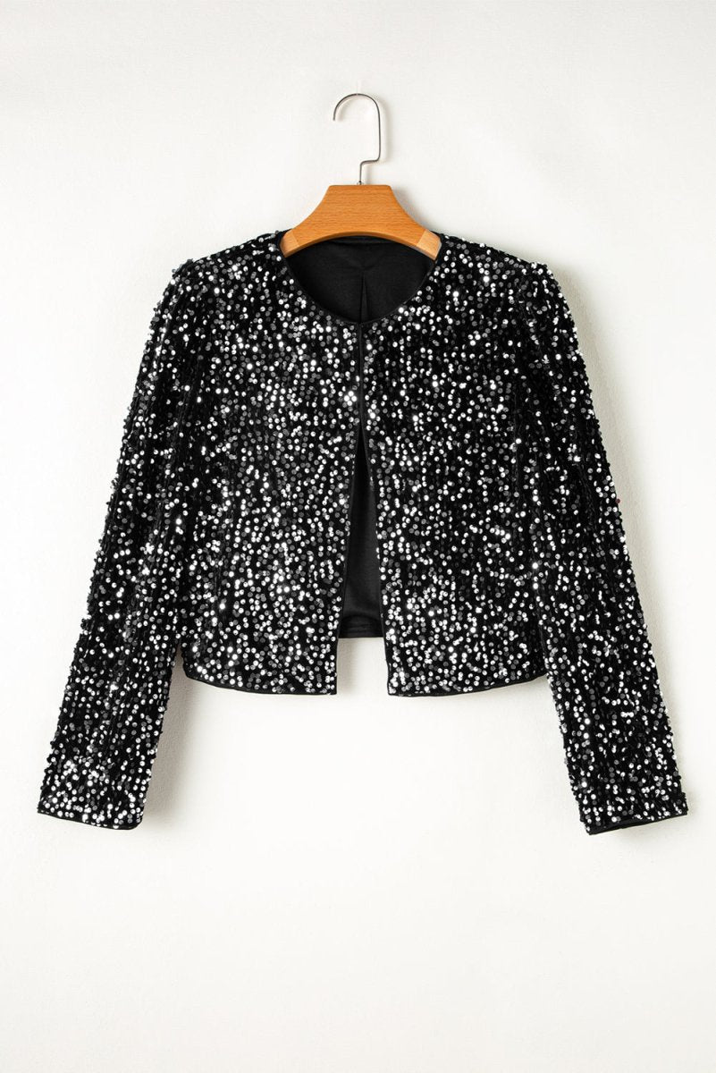 Sequin Open Front Long Sleeve Jacket - S. M. & Co.