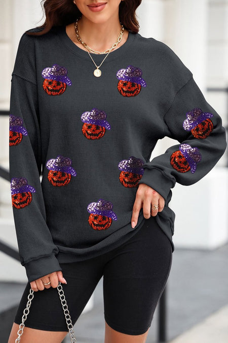 Sequin Pumpkin Long Sleeve Sweatshirt - S. M. & Co.