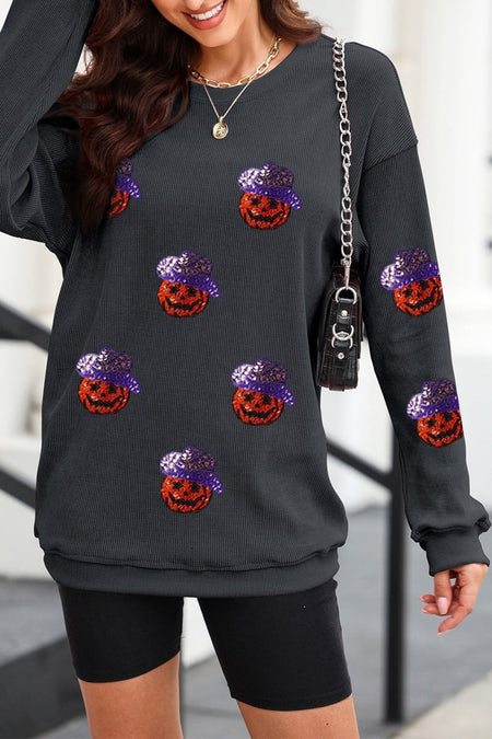 Sequin Pumpkin Long Sleeve Sweatshirt - S. M. & Co.