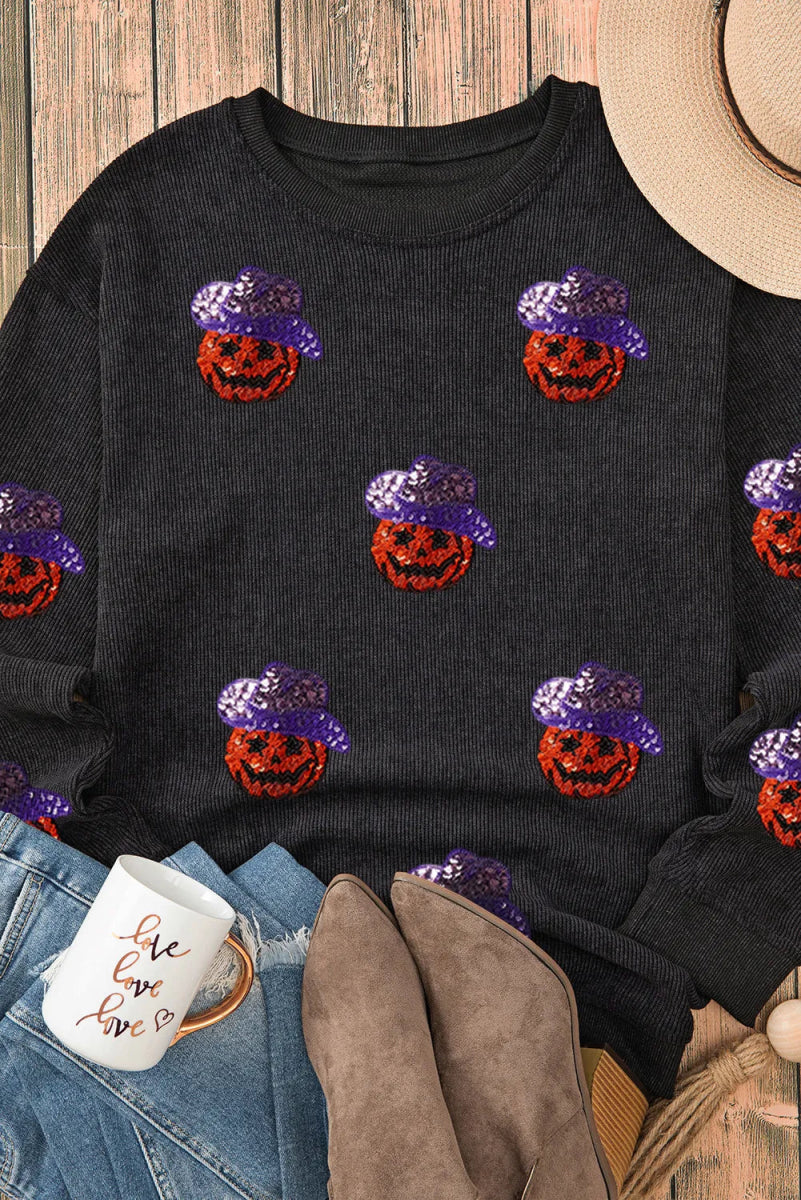 Sequin Pumpkin Long Sleeve Sweatshirt - S. M. & Co.