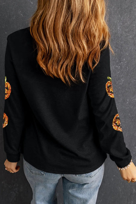 Sequin Pumpkin Round Neck Long Sleeve Top - S. M. & Co. Long sleeve Top