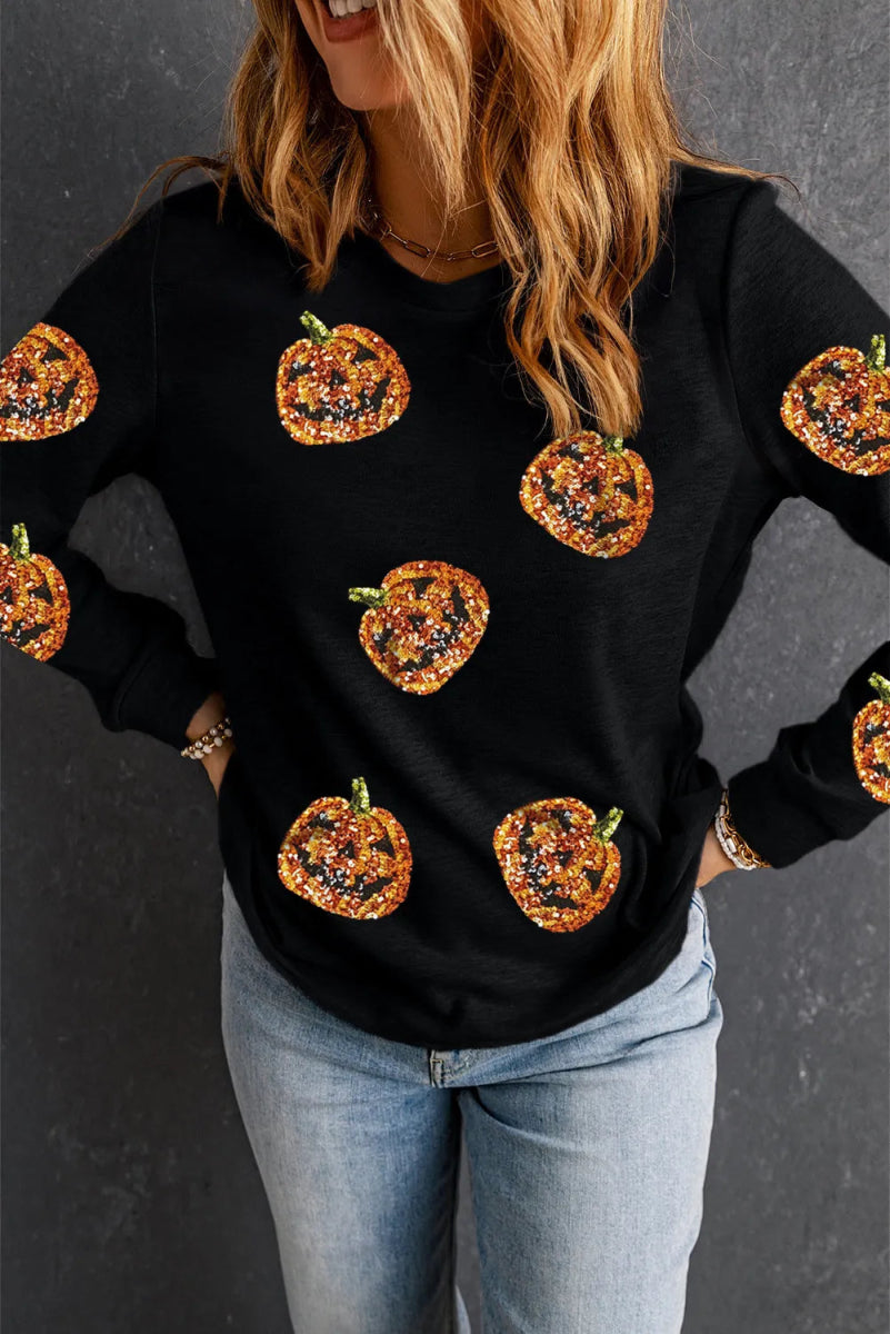 Sequin Pumpkin Round Neck Long Sleeve Top - S. M. & Co. Long sleeve Top