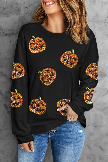 Sequin Pumpkin Round Neck Long Sleeve Top - S. M. & Co. Long sleeve Top