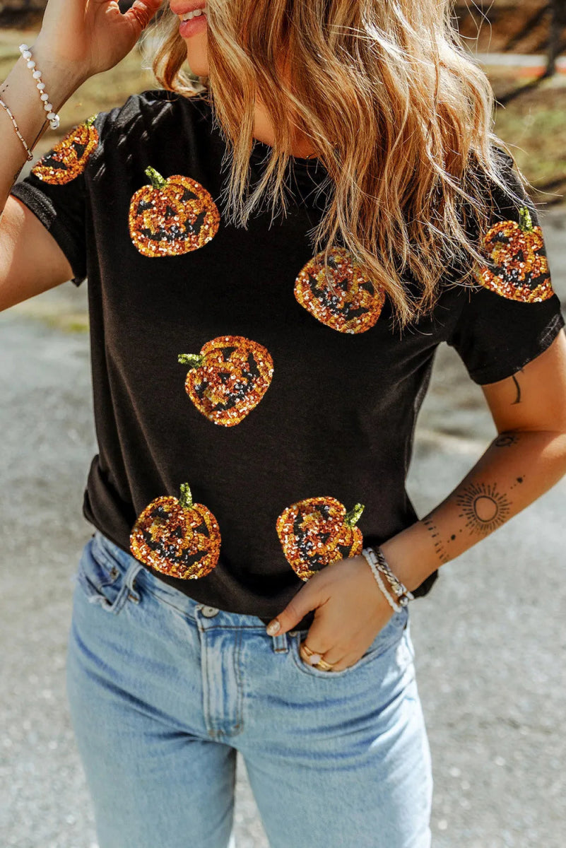 Sequin Pumpkin Round Neck Short Sleeve T-Shirt - S. M. & Co.