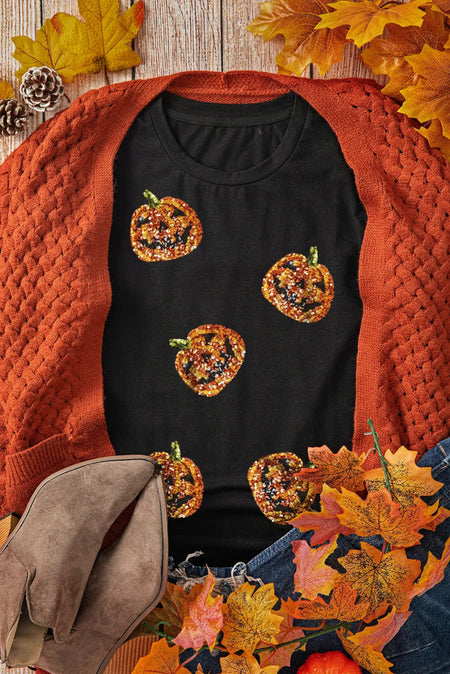 Sequin Pumpkin Round Neck Short Sleeve T-Shirt - S. M. & Co.