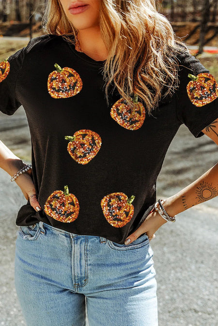 Sequin Pumpkin Round Neck Short Sleeve T-Shirt - S. M. & Co.