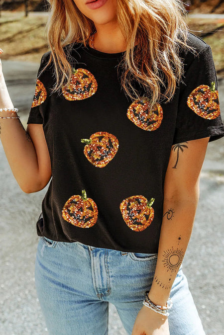 Sequin Pumpkin Round Neck Short Sleeve T-Shirt - S. M. & Co.