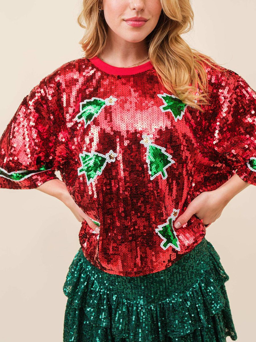 Sequin Round Neck Half Sleeve Top - S. M. & Co.