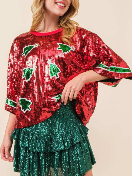 Sequin Round Neck Half Sleeve Top - S. M. & Co.