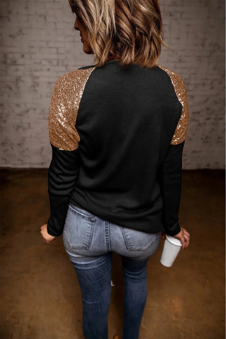 Sequin Round Neck Long Sleeve Blouse - S. M. & Co.