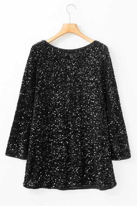 Sequin Round Neck Long Sleeve Mini Dress - S. M. & Co.