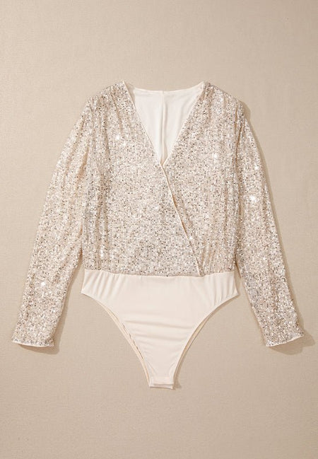 Sequin Surplice Long Sleeve Bodysuit - S. M. & Co.