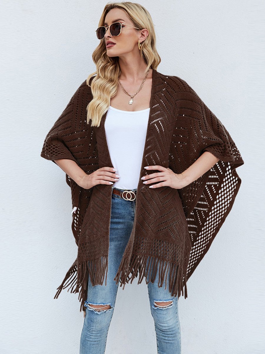 Shiny Fringe Hem Open Front Poncho - S. M. & Co.