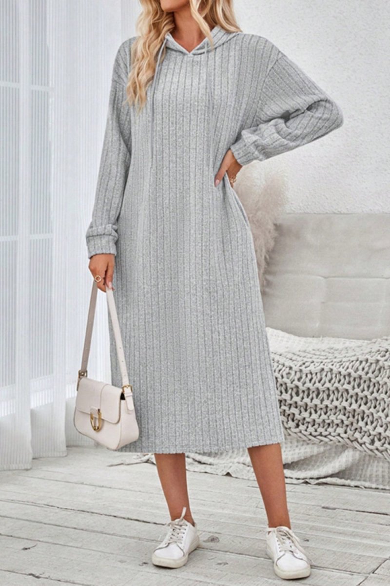 Side Slit Drawstring Long Sleeve Hooded Dress - S. M. & Co.