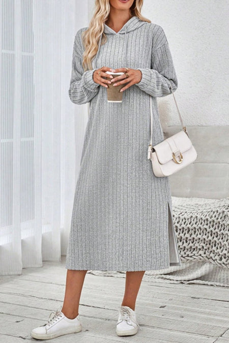 Side Slit Drawstring Long Sleeve Hooded Dress - S. M. & Co.