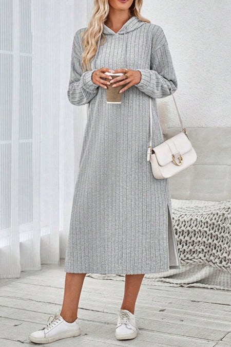 Side Slit Drawstring Long Sleeve Hooded Dress - S. M. & Co.