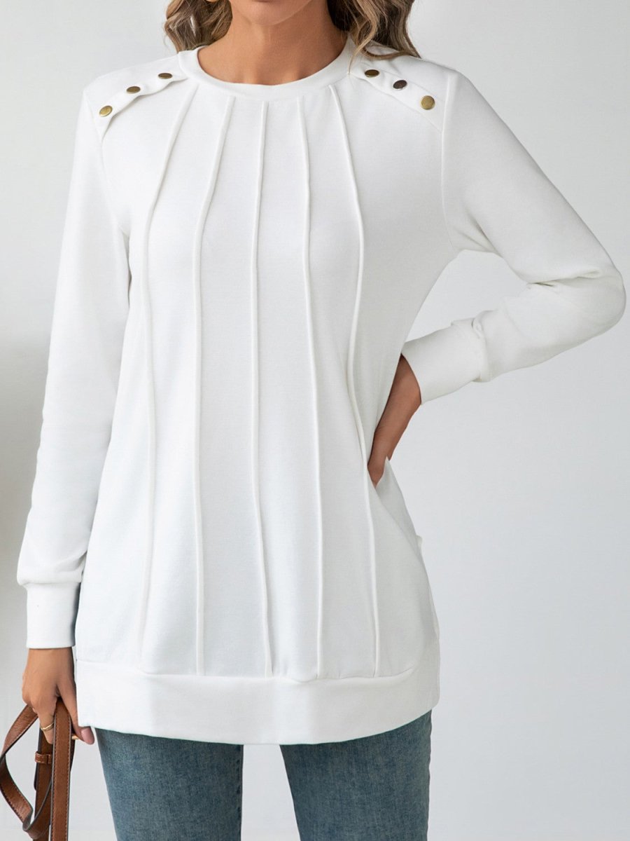 Side Slit Round Neck Long Sleeve Blouse - S. M. & Co.