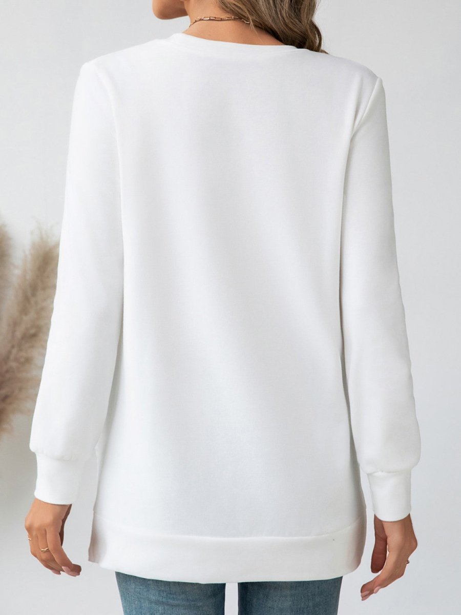 Side Slit Round Neck Long Sleeve Blouse - S. M. & Co.