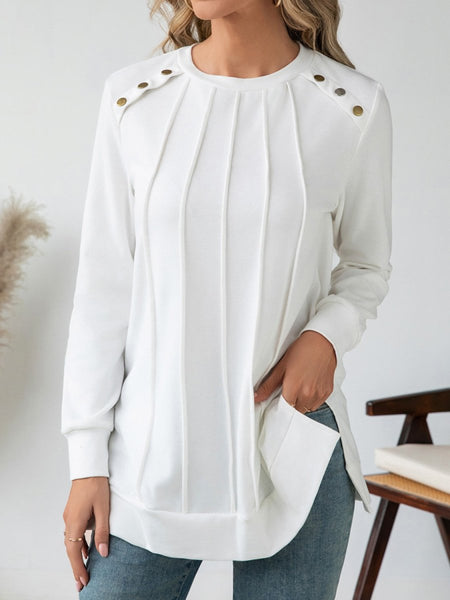 Side Slit Round Neck Long Sleeve Blouse - S. M. & Co.