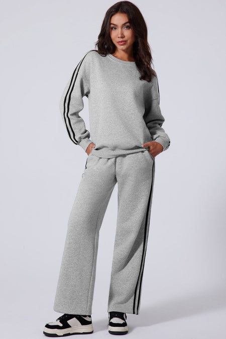 Side Striped Round Neck Top and Pants Active Set - S. M. & Co.