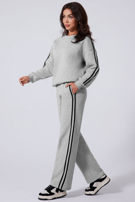 Side Striped Round Neck Top and Pants Active Set - S. M. & Co.