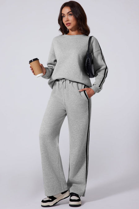 Side Striped Round Neck Top and Pants Active Set - S. M. & Co.